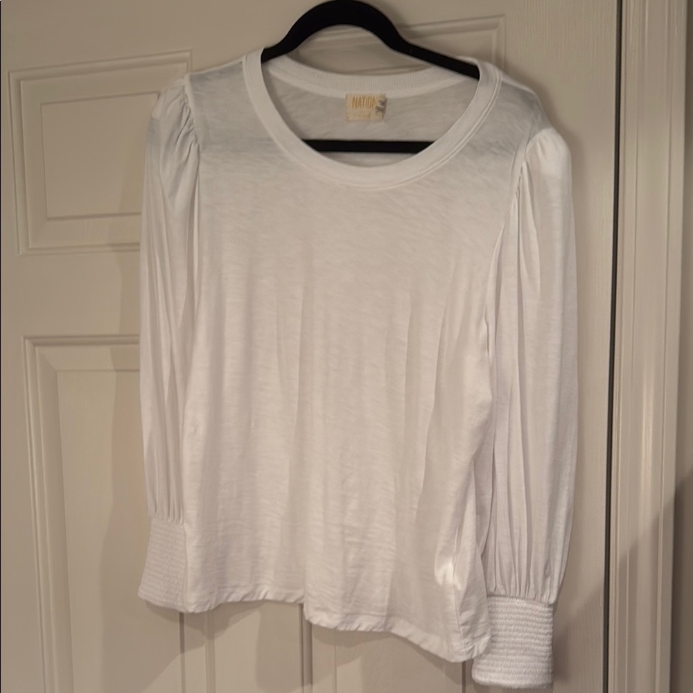 NATION LTD LOREN SMOCKED PEASANT T SHIRT Long Sleeve Pima Cotton Sz L